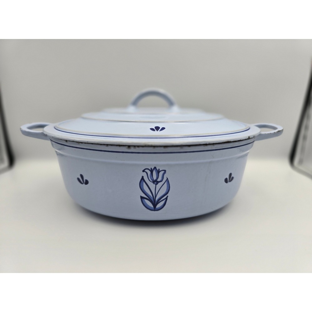 Vintage Blue Floral Cast Enamel Casserole Pot with Lid Dutch Oven Style